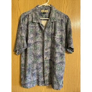 Women's Tommy Bahama Short Sleeve Collard Button Up Silk Large Blue Bamboo Print